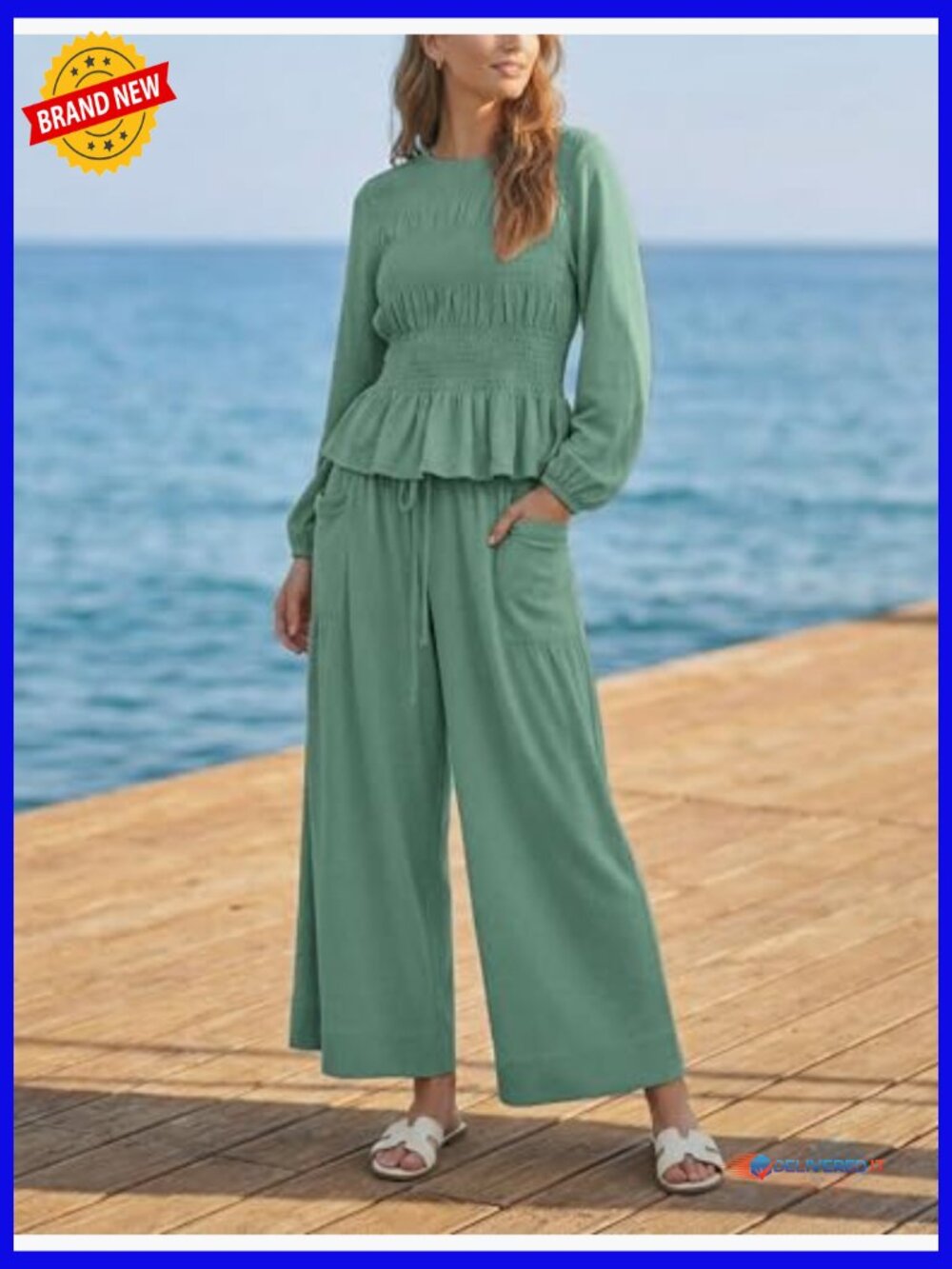 Women's Smocked Top & Wide Leg Pants Set Lounge Outfit with Pockets - Picture 4 of 7